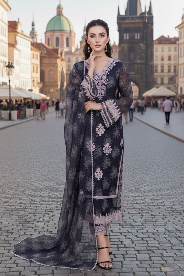 MIDNIGHT BLOSSOM - 3PC ORGANZA & RAWSILK LUXURY PRET