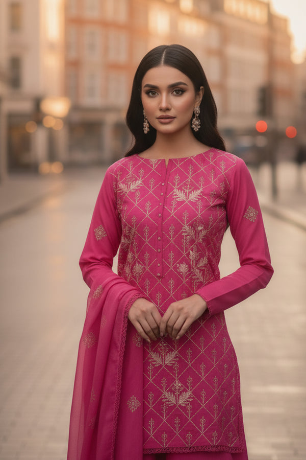 Embroidered - 3 Pc Cotton Lawn Suit (Dyed Embroidered Dupatta)