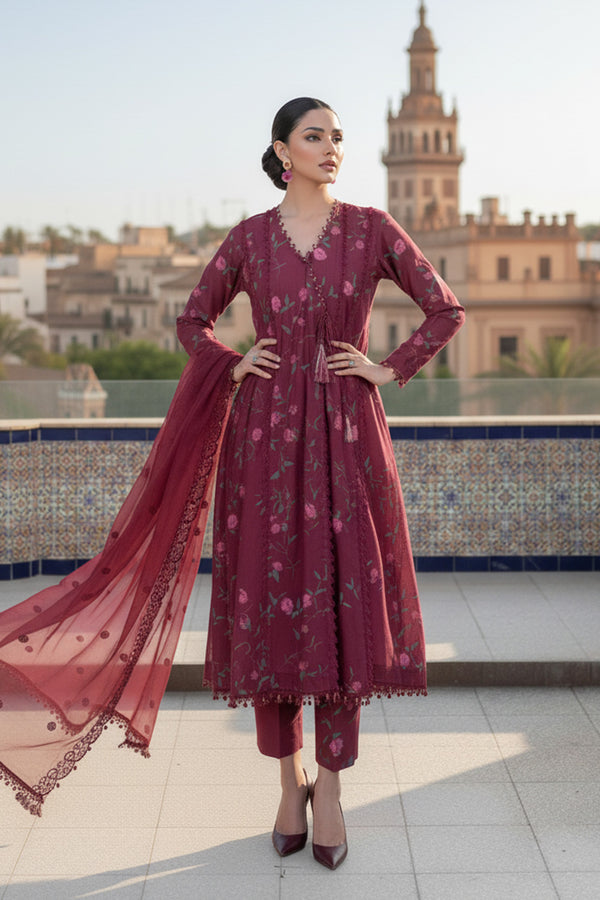 Embroidered - 3 Pc  Cotton Lawn Suit (Organza Dupatta)