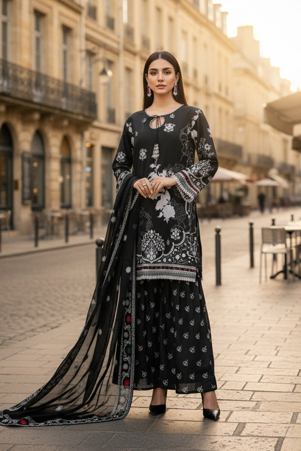 Embroidered - 3 Pc  Cotton Lawn Suit (Organza Dupatta)