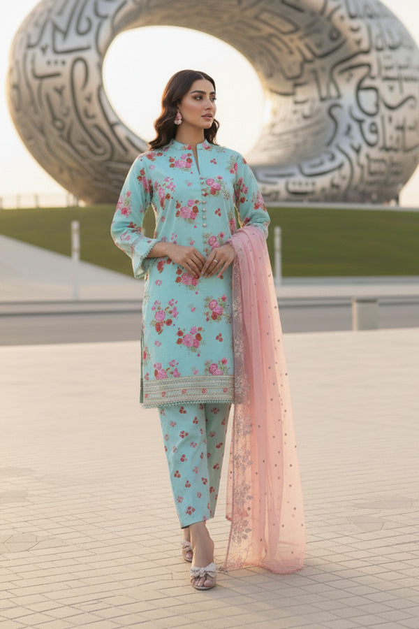 Embroidered - 3 Pc  Cotton Lawn Suit (Organza Dupatta)